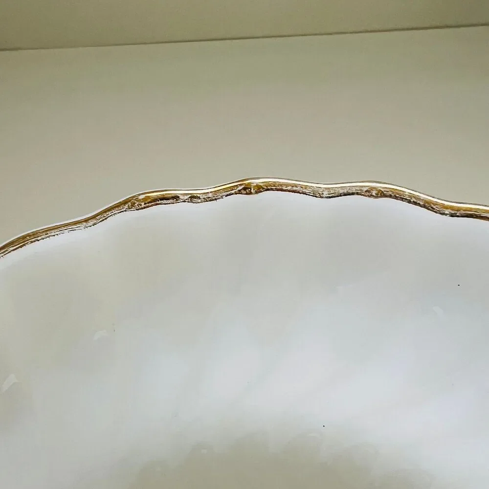 ANCHOR HOCKING Fire-King Milk Glass Golden Shell Swirl Gold Trim Vegetable Bowl